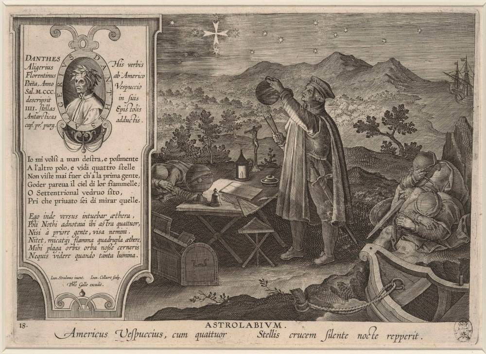 Ein Kupferstich zeigt Amerigo Vespucci, wie er mit einem Astrolabium das Sternbild Kreuz des Südens vermisst.