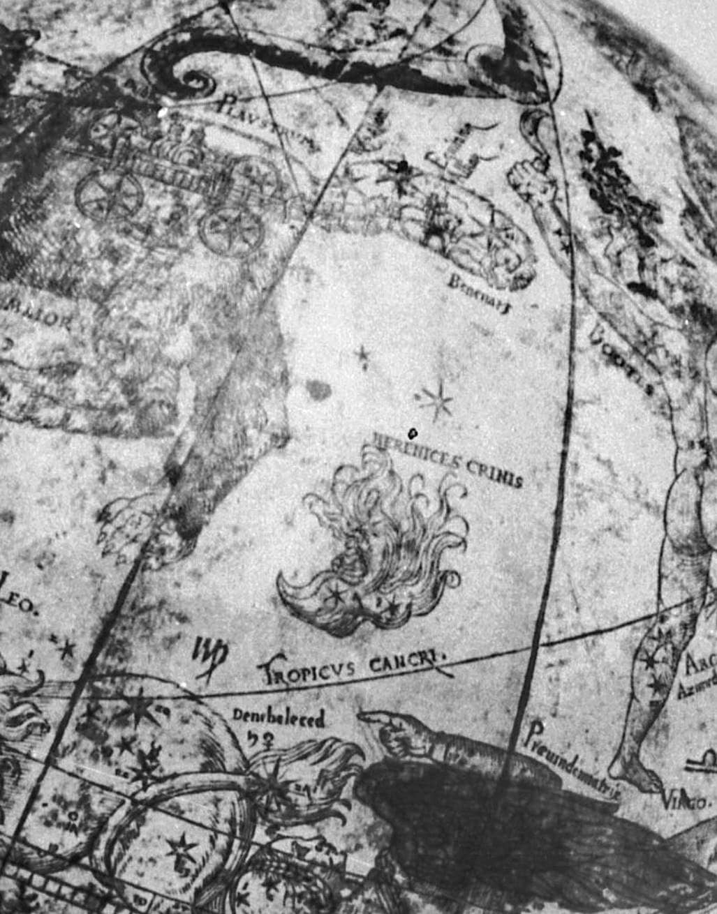 Erstmals verzeichnete Caspar Vopelius das Sternbild Haar der Berenike 1536 auf einem Himmelsglobus