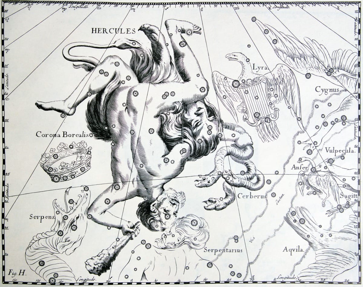 Hevelius stellte in seinem Atlas den Kampf des Helden Herkules gegen den dreiköpfigen Höllenhund Cerberus dar.