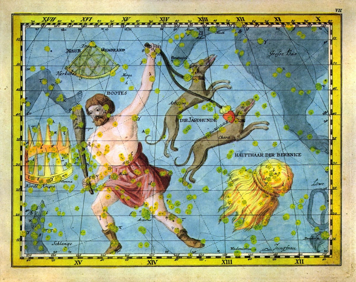 Die Sternbilder Bärenhüter, Jagdhunde, Nördliche Krone und Haar der Berenike in einer kolorierten Fassung des Bode-Sternatlas