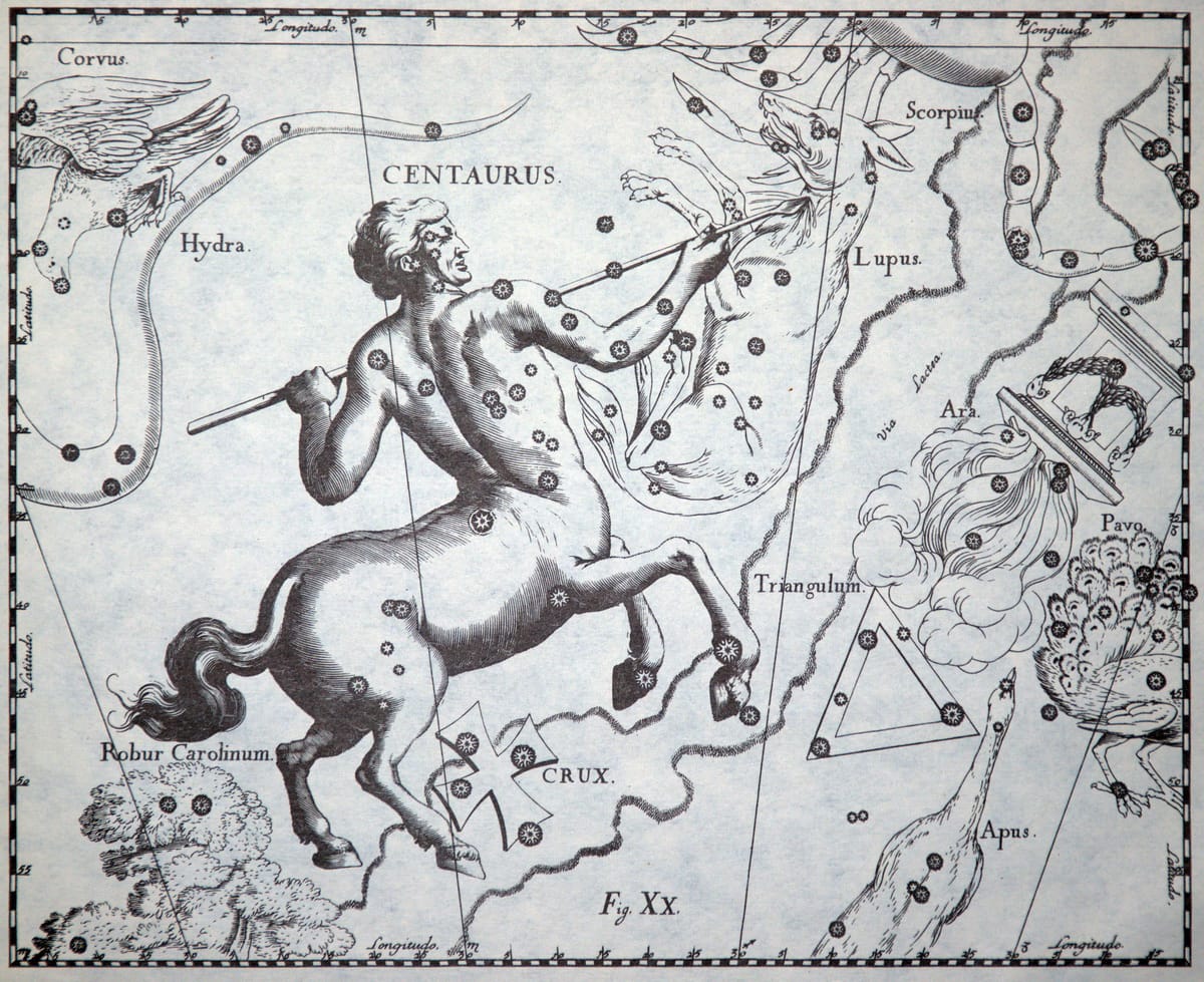 Die Sternbilder Centaurus - ein Mischwesen aus Mensch und Pferd - und Crux in dem historischen Sternatlas von Hevelius