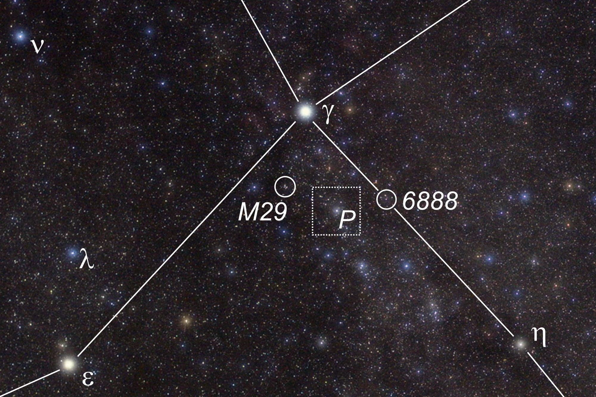 Der Veränderliche P Cygni liegt zwischen dem Sternhaufen M29 und dem Sichelnebel NGC6888