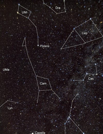 Strichzeichnungen verdeutlichen die Lage des Sternbilds Giraffe am Nordhimmel