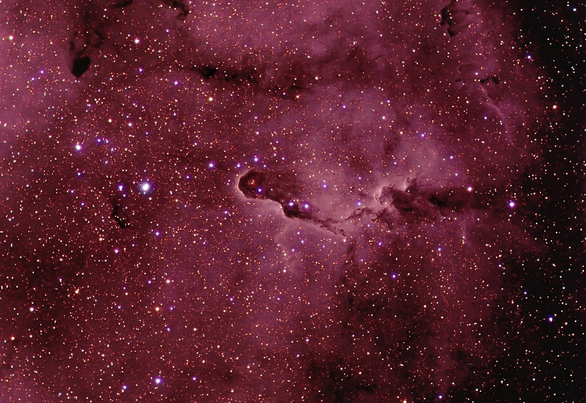 In dunklen, rüsselartigen Strukturen mit hellem Saum im rötlich leuchtenden Emissionsnebel IC1396 entstehen neue Sterne
