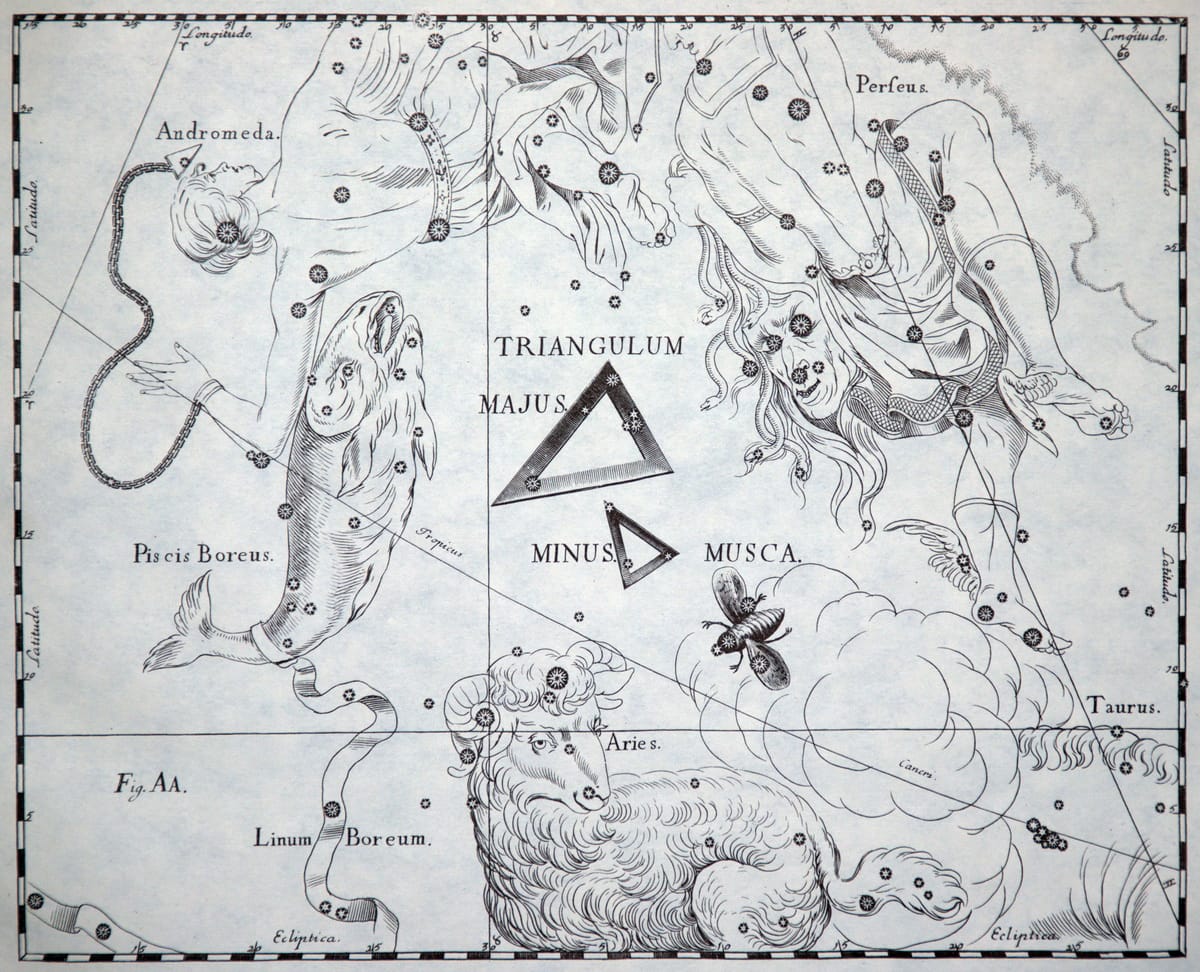 Zwischen den Sternbildern Andromeda, Perseus, Widder und Fische konstruierten Astronomen des 17. Jahrhunderts ein großes und ein kleines Dreieck sowie ein Sternbild Fliege (lat. Musca).