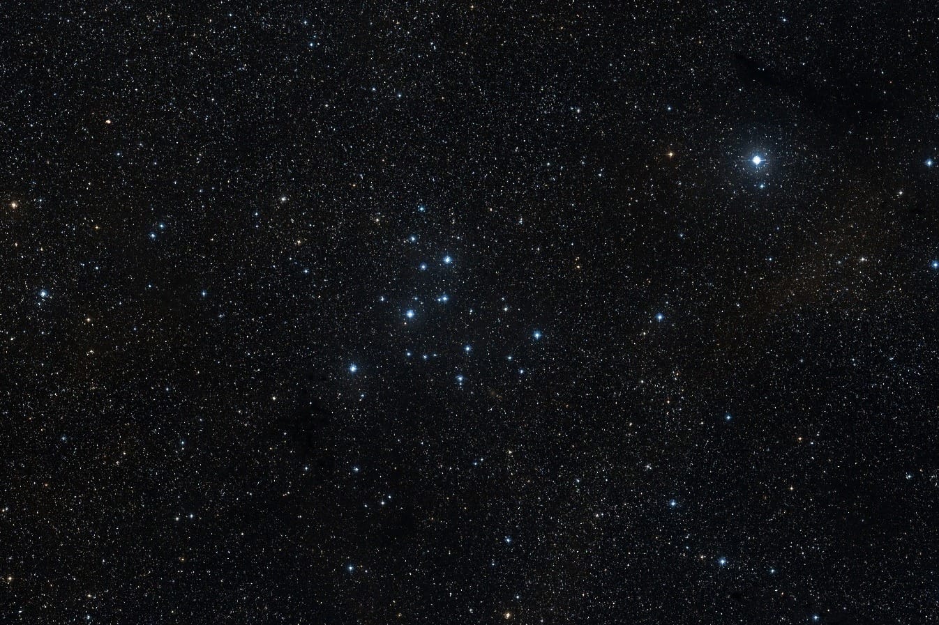 Bläulich-weiß leuchten die hellsten Sterne des offenen Sternhaufens M39