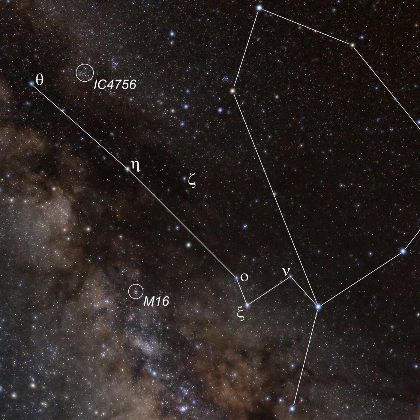 Die offenen Sternhaufen M16 und IC4756 im Sternbild Schlange liegen im Band der Milchstraße.
