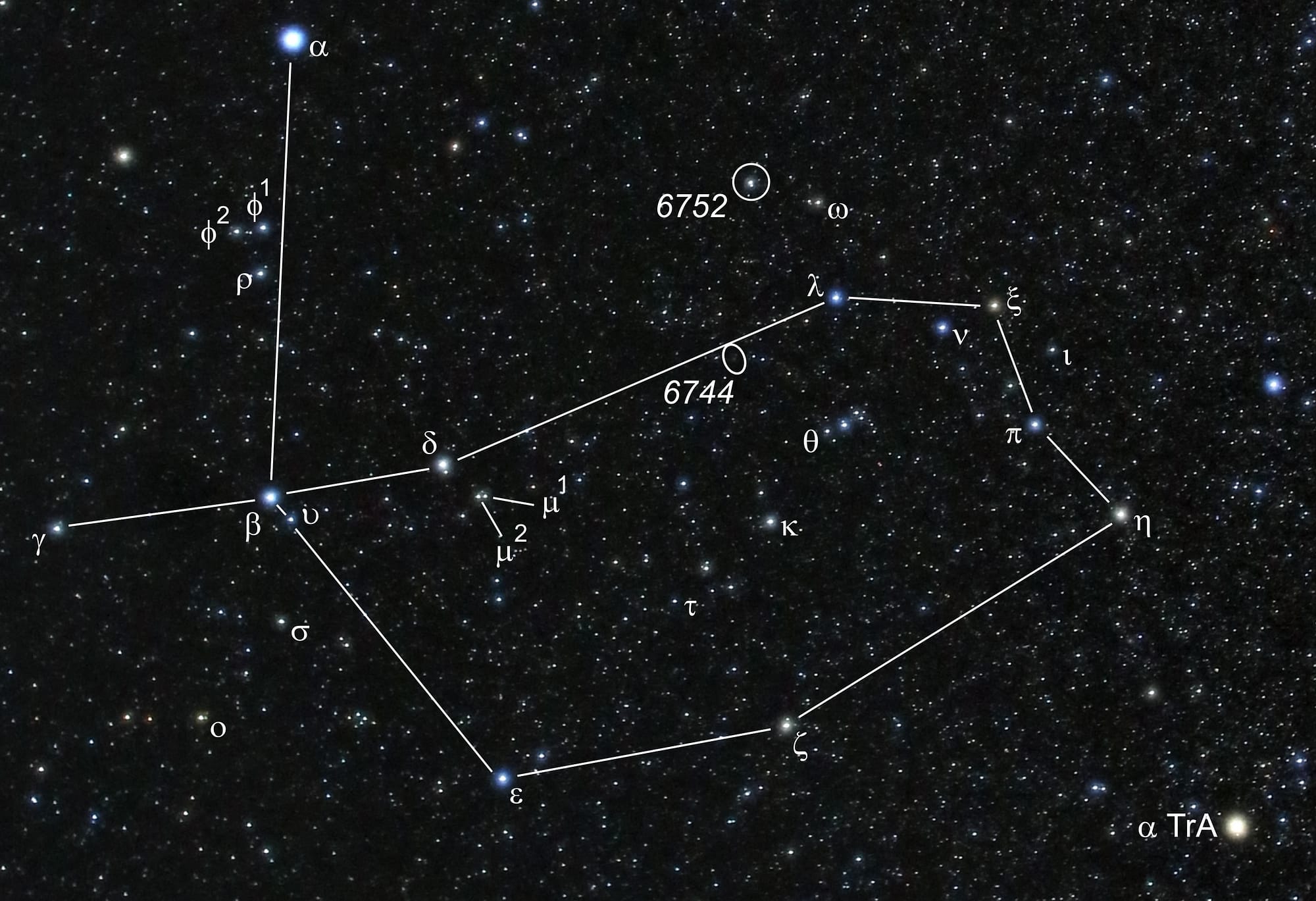 Umgebung von NGC 6752 und NGC 6744 im Sternbild Pfau