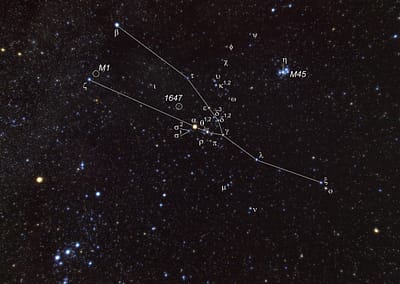 Das Sternbild Stier wird durch den großen, keilförmigen Sternhaufen der Hyaden und das kleinere Siebengestirn, die Plejaden, geprägt