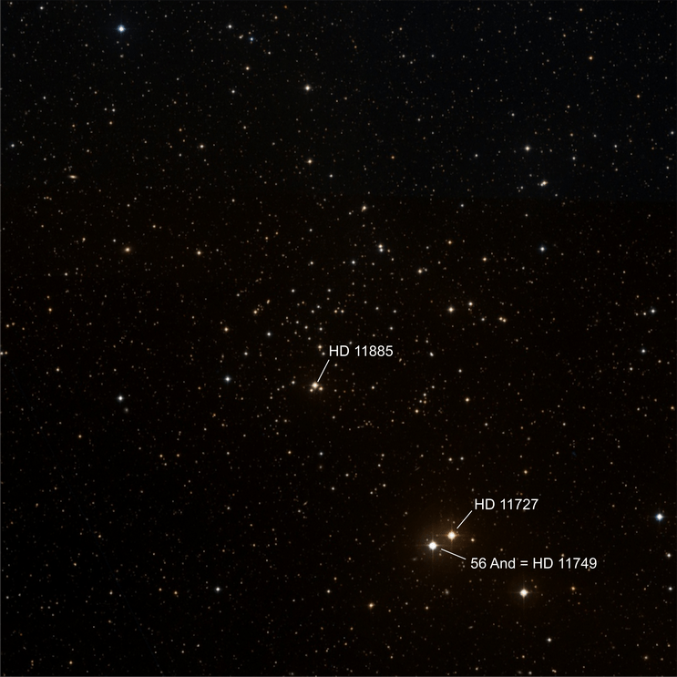 Die Mitglieder des offenen Sternhaufens NGC752 sind locker über dieses Sternenfeld verteilt.