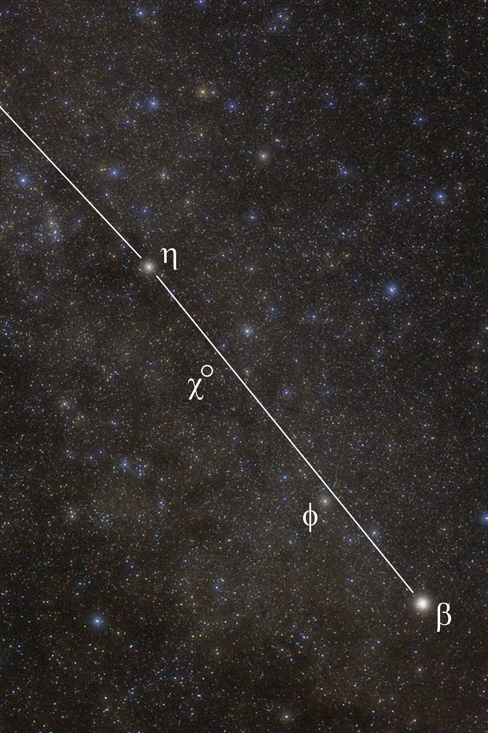 Der Veränderliche Chi Cygni liegt im "Hals des Schwans" zwischen den Sternen Eta und Beta Cygni inmitten eines dichten Sternenfelds der Milchstraße