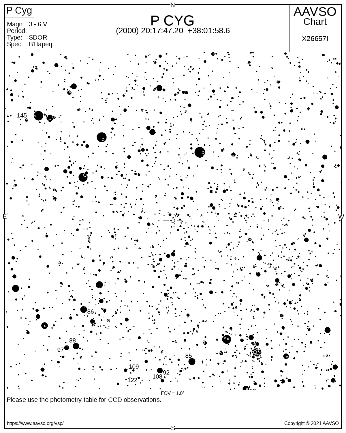 Eine Karte zeigt die Umgebung des veränderlichen Sterns P Cygni mit schwarzen Sternen auf weißem Hintergrund.