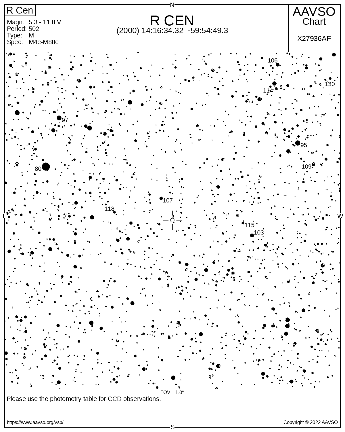 Umgebungskarte des Sterns R Centauri mit schwarzen Sternen auf weißem Grund