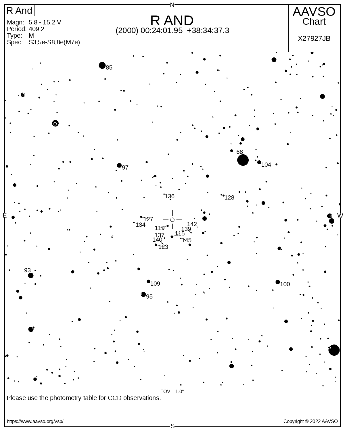 Umgebungskarte des Sterns R Andromedae mit schwarzen Sternen auf weißem Grund