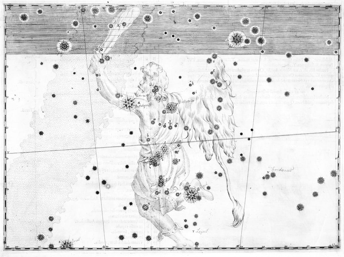 Darstellungdes Sternbilds Orion im Sternatlas von Johann Bayer