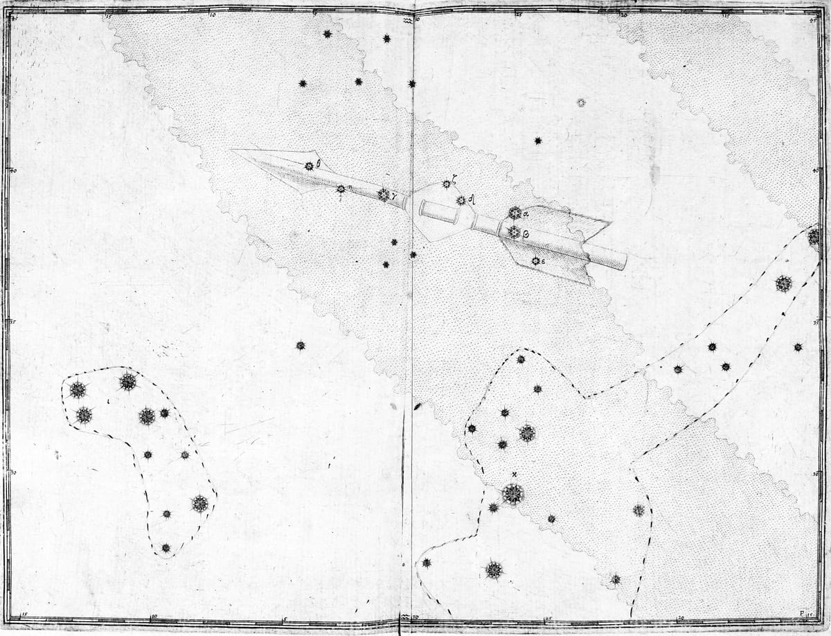 Darstellung des Sternbilds Pfeil im Sternatlas von Johann Bayer
