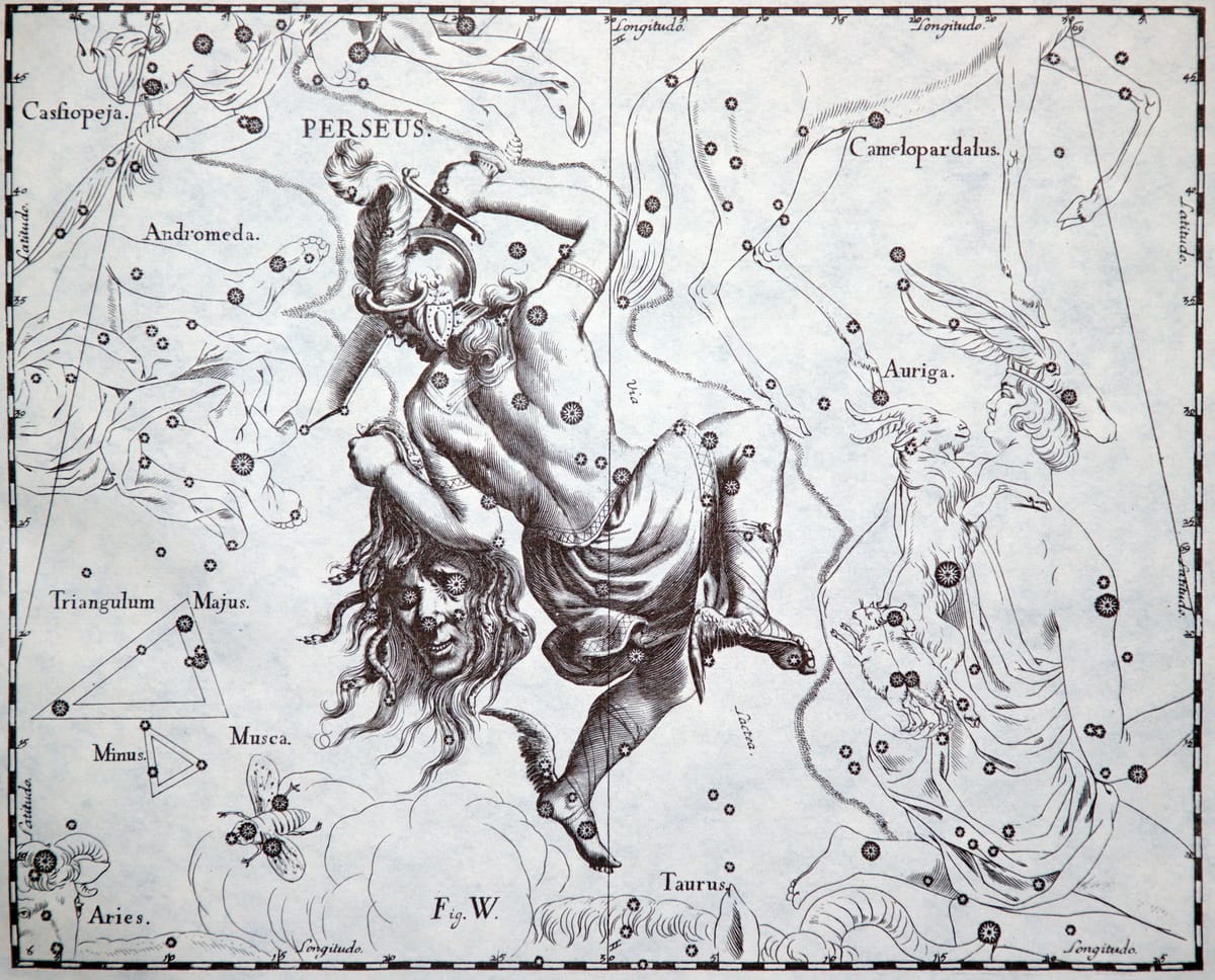 Der griechische Held Perseus fliegt mit Flügelschuhen ausgerüstet über den Himmel. In einer Hand hält er ein Schwert, in der anderen das schlangenumringelte Haupt der Medusa, das er damit abgeschlagen hat.