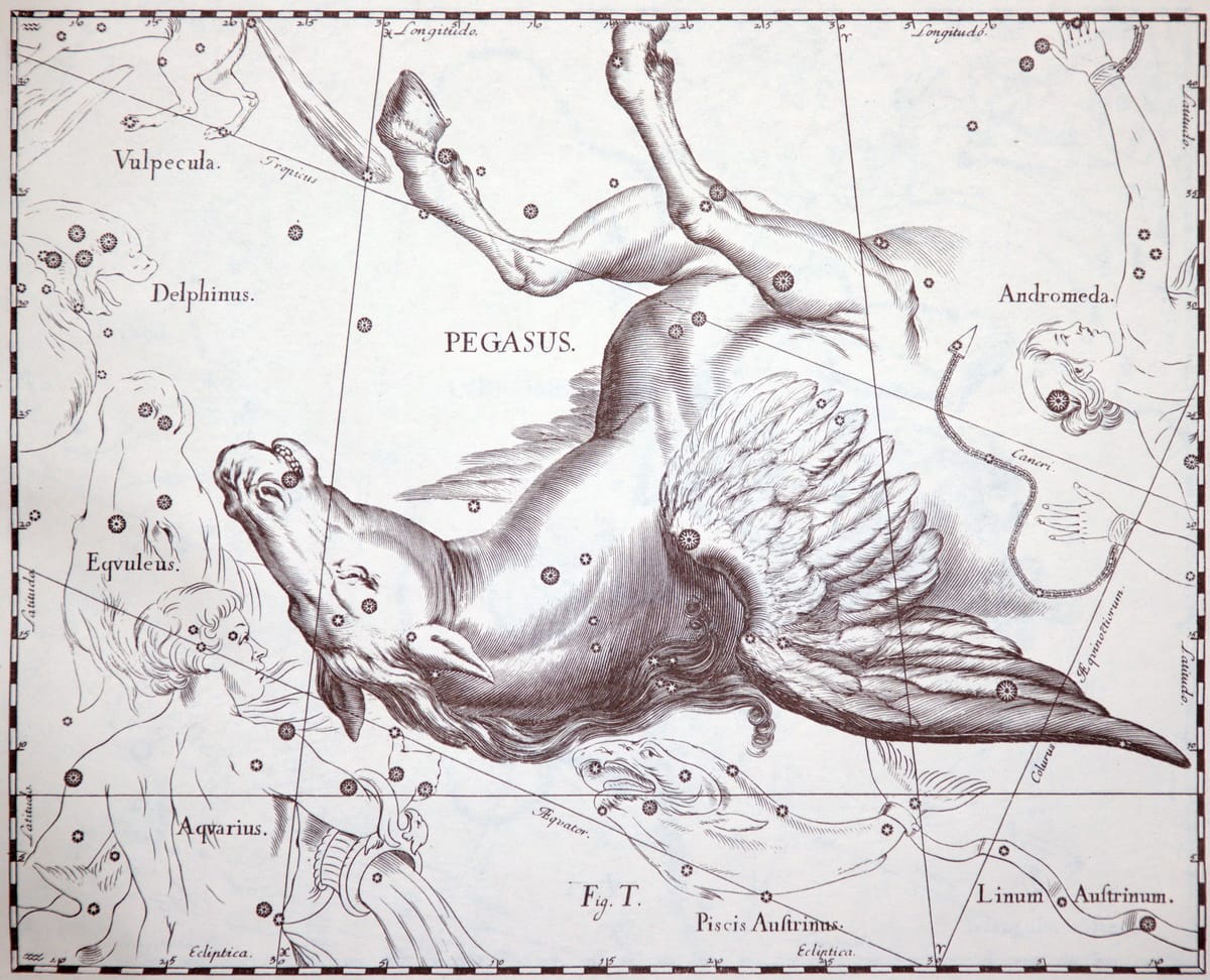 Das Sternbild Pegasus stellt ein geflügeltes Pferd aus der griechischen Mythologie dar; am Himmel ist allerdings nur sein Vorderteil zu sehen.