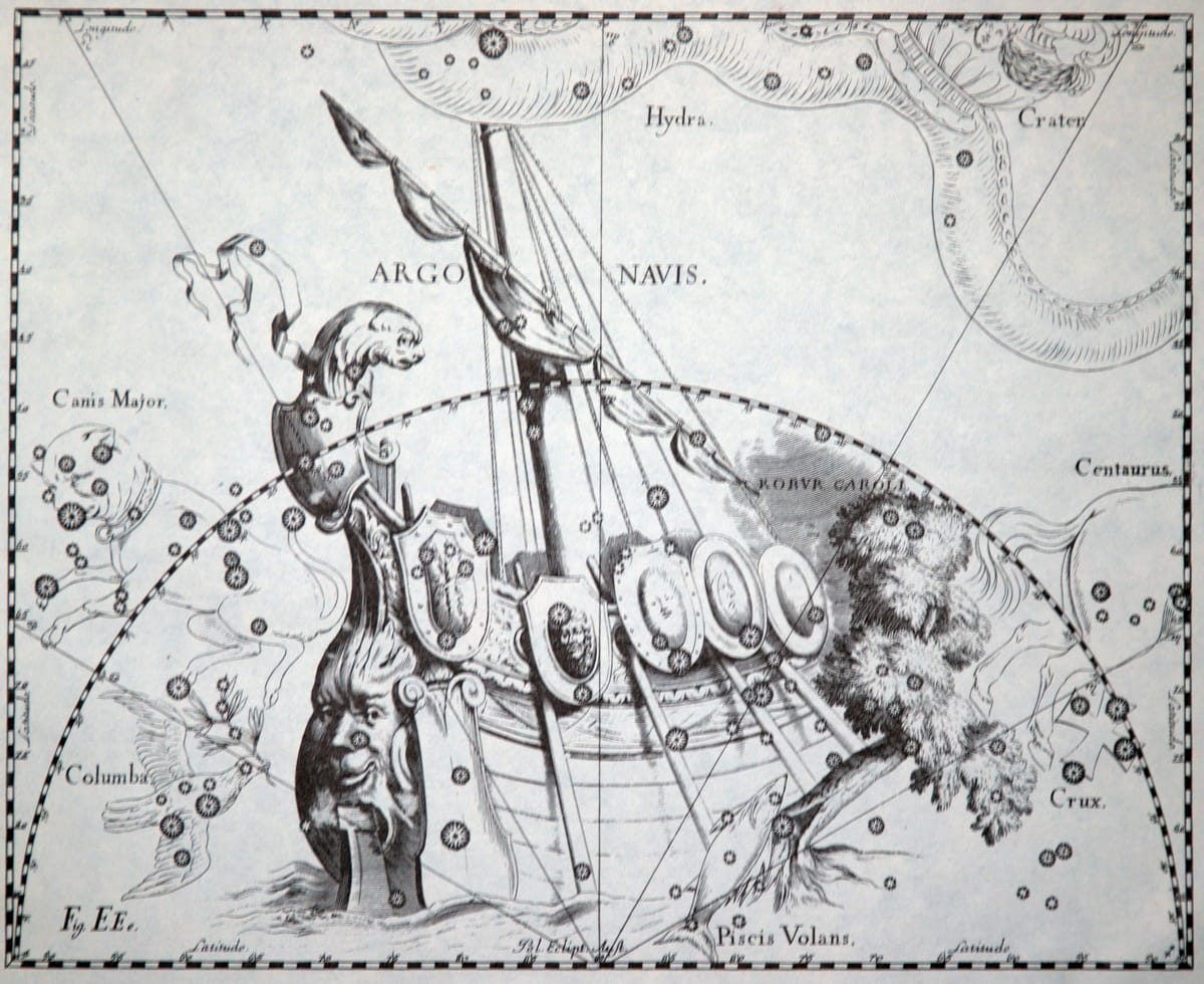 Darstellung des antiken Sternbilds Argo Navis im Sternatlas von Johannes Hevelius.