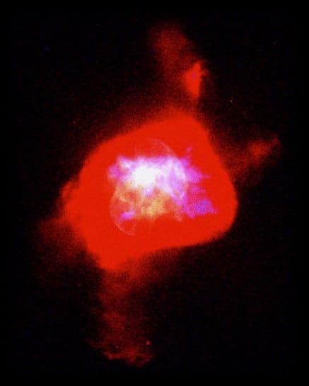 Die Form des hier rot dargestellten äußeren Bereichs des planetarischen Nebels NGC6210 erinnert an eine schwimmende Schildkröte.