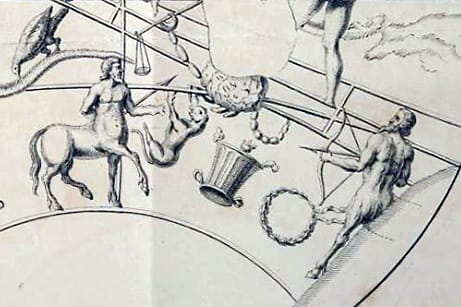Die Umzeichnung von Sternbildern auf einem antiken Himmelsglobus zeigt den Schützen (rechts) als bocksbeiniges Mischwesen und Bogenschützen.