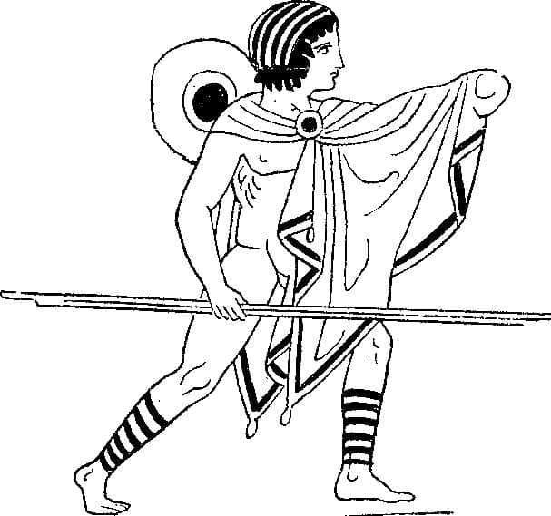 Zeichnung eines antiken Soldaten, der in einen als Ephaptis bezeichneten Umhang gehüllt ist, der seinen linken Arm schützt.