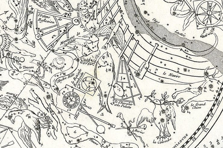 Um das Sternbild Schwertfisch (Dorado) herum schuf Nicolas Louis de Lacaille die kleinen Sternbilder Maler (Pictor), Netz (Reticulum), Pendeluhr (Horologium) und Tafelberg (Mensa)