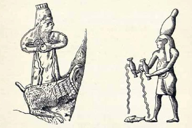Gottheiten, die das Sternbild Wassermann darstellen, auf einem mesopotamischen Relief (links) und im ägyptischen Tierkreis von Dendera (rechts).